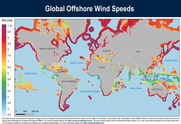 World map highlighting coastal areas by wind speed. The U.S. coasts stand out.