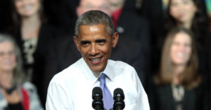 A photograph of Barack Obama speaking