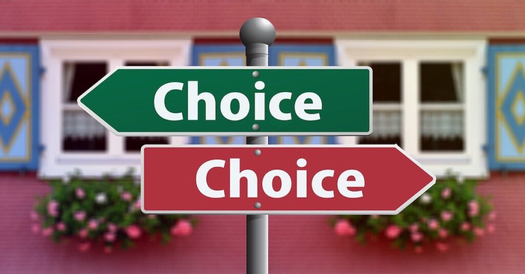 Two signs labeled "choice" point in opposite directions.