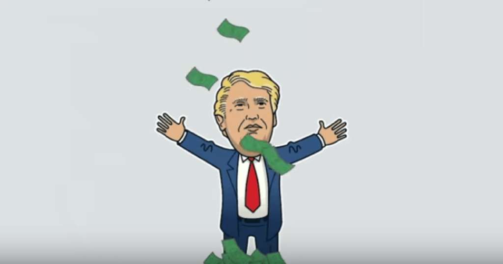 A cartoon of Trump with money raining down