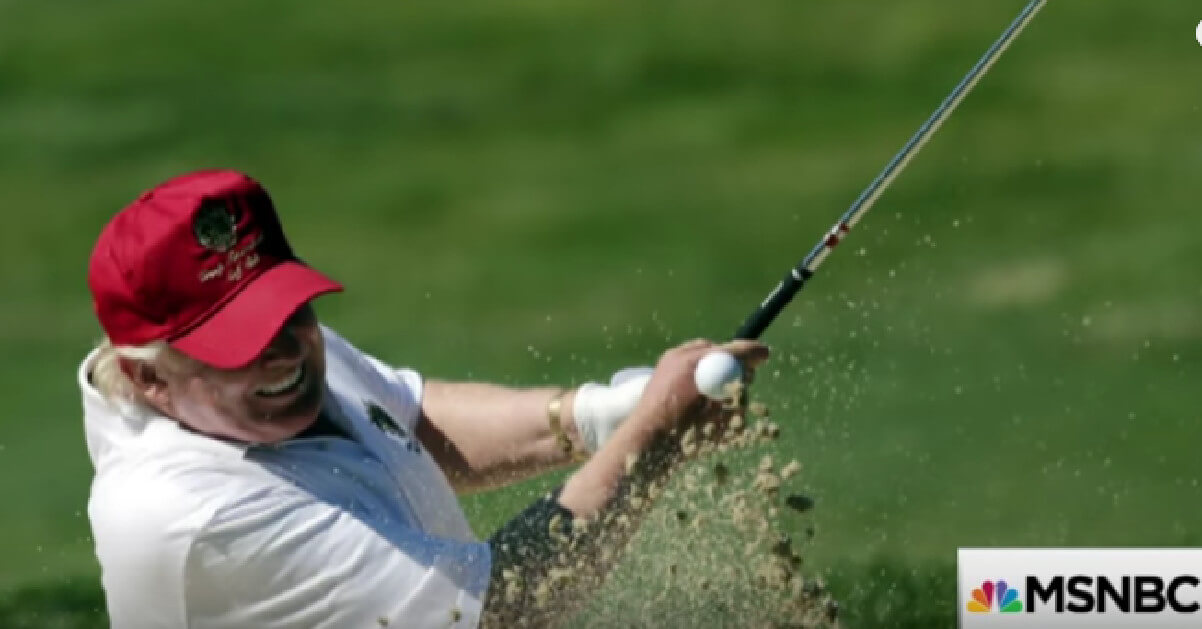 A photograph of Donald Trump playing golf.