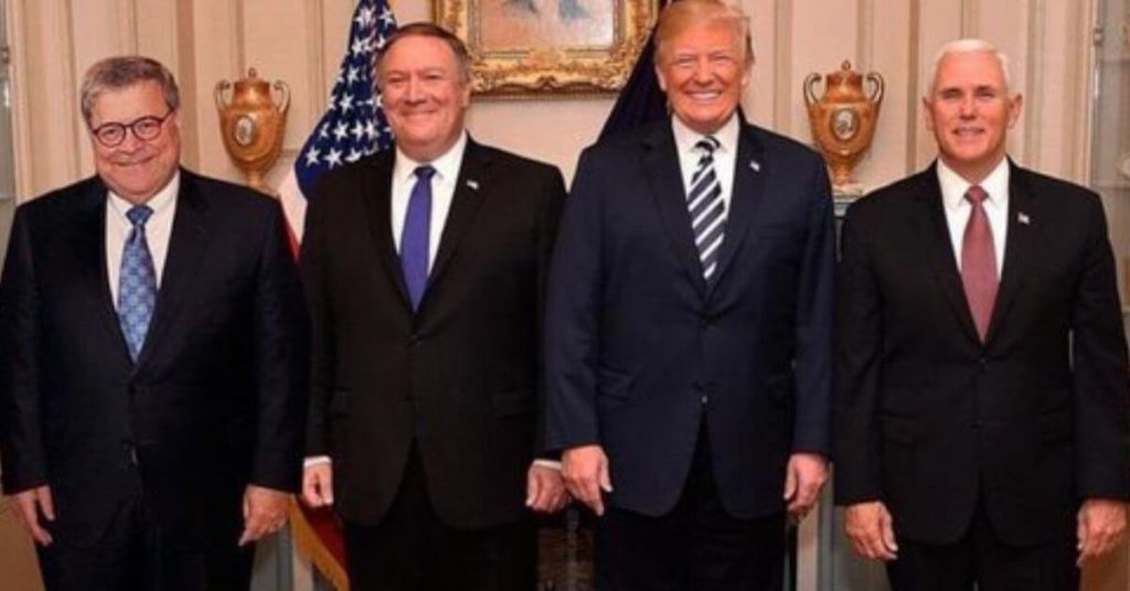 Trump standing in a row with Barr, Pompeo, and Pence