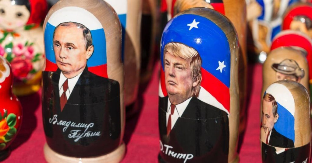 A photograph of Vladimir Putin and Donald Trump painted on Russian matryoshka or "nesting" dolls