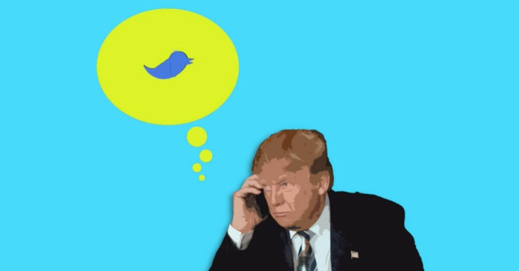 An image of Trump with a thought bubble above his head with the twitter logo inside.