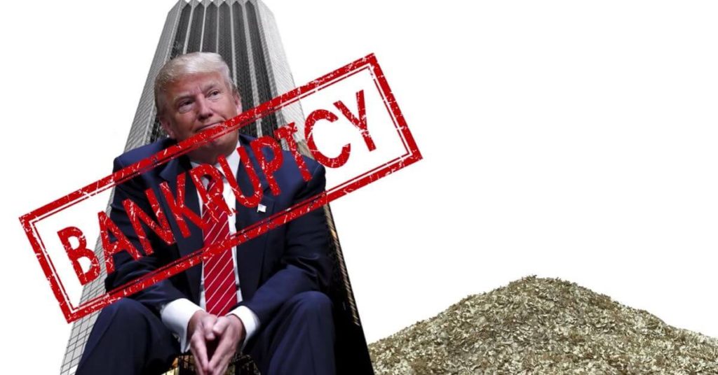 Trump sitting next to a pile of money with bankruptcy stamped across it