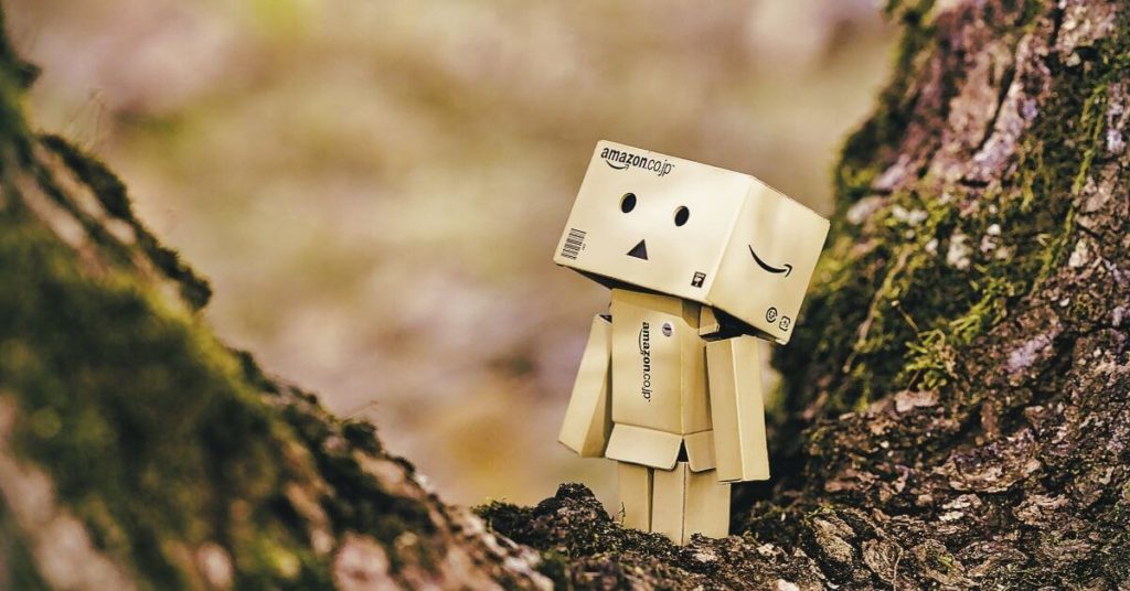 A robot created out of Amazon boxes