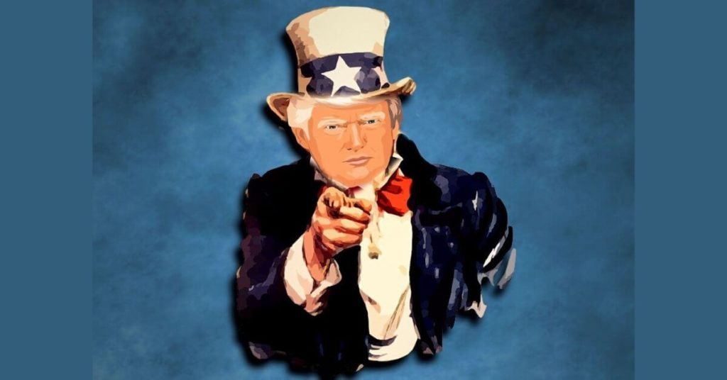 A caricature of Donald Trump in the image of Uncle Sam requesting military volunteers.