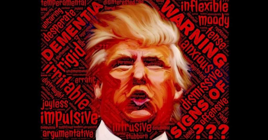 An image of Donald Trump surrounded by red warning signs.
