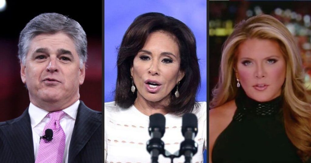 Side by side photographs of Sean Hannity, Jeanine Pirro, and Trish Regan