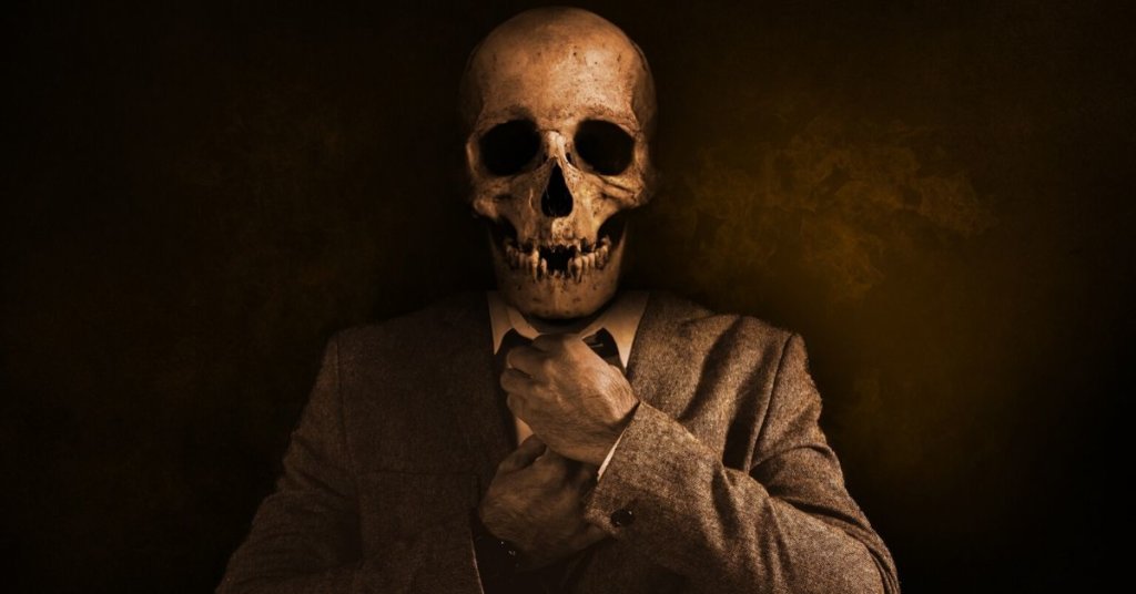 Stylized photo of a skeleton wearing a suit