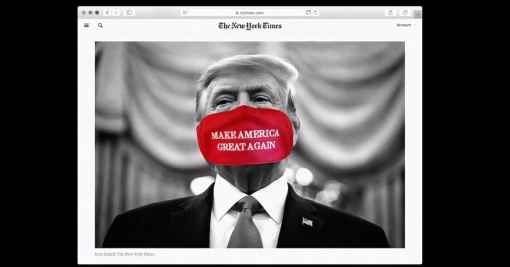 A black and white photograph of Donald Trump with a red mask added to his face. The mask reads Make America Great Again.