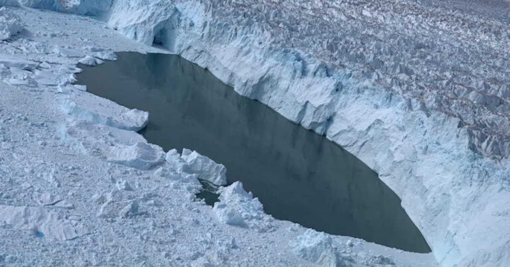 NASA’s Oceans Melting Greenland campaign flew over a region of open water at the calving front of Helheim Glacier on Aug. 15, 2019, dropping a temperature probe that detected warm water.