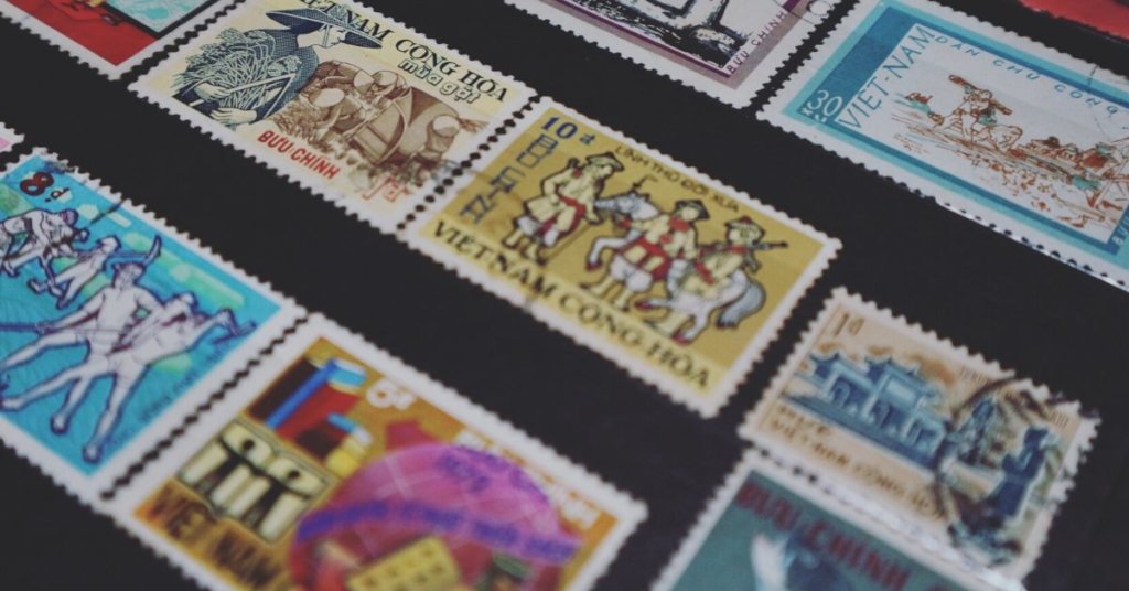A photograph of USPS postage stamps.