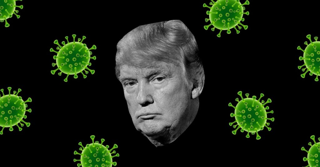 A photograph of Donald Trump's head floats among images of coronavirus cells.