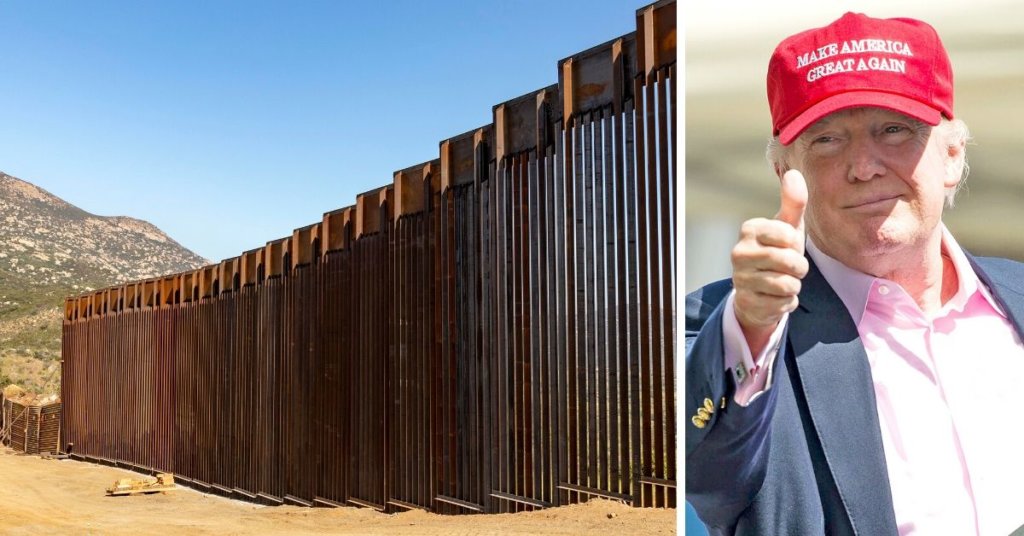 Side by side photo of the border wall and Trump giving a thumb's up
