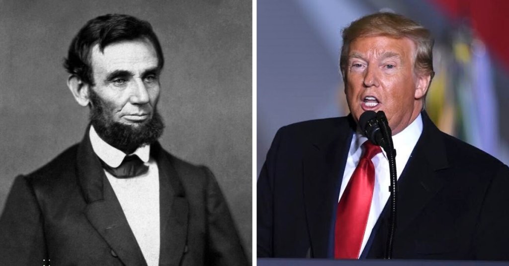 Side by side photographs of Abraham Lincoln and Donald Trump.