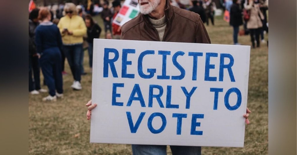 Man holding a sign that says "Register early to vote"