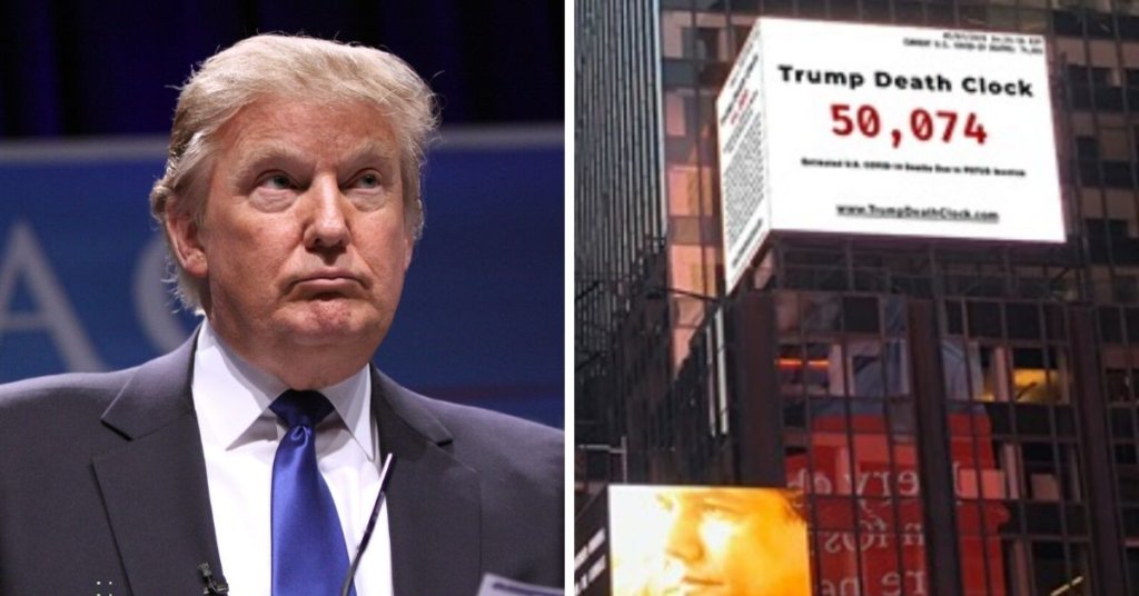 A side by side photo of President Trump on the left and the Times Square Trump death clock on the right