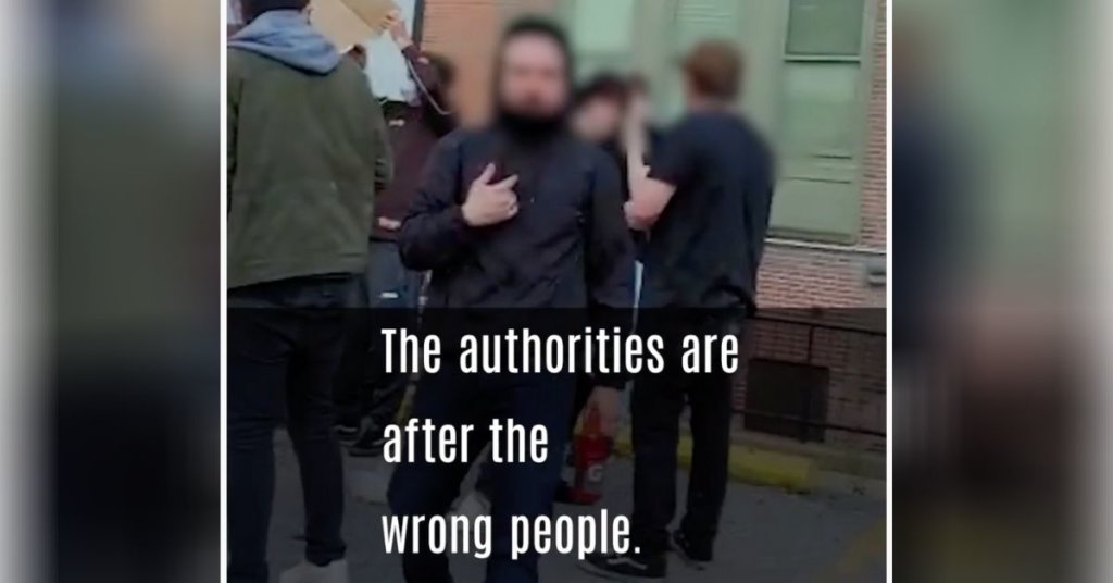 A screenshot of an activist; captioning reads, "the authorities are going after the wrong people."