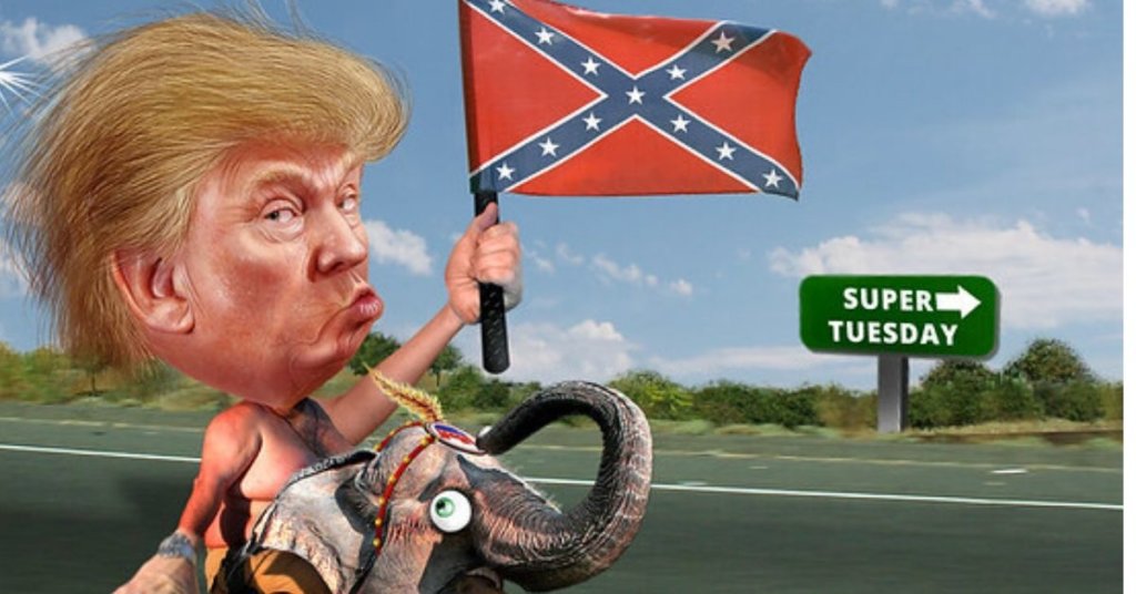 A characature of Donald Trump riding an elephant and carrying a confederate flag.