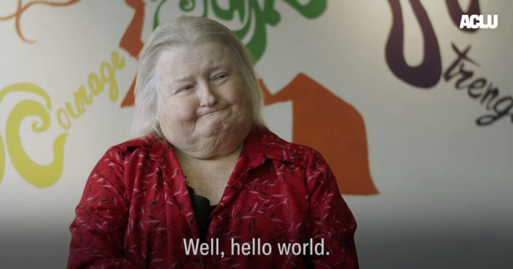 A screenshot of Aimee Stephens, transgender woman plaintiff to Supreme Court.