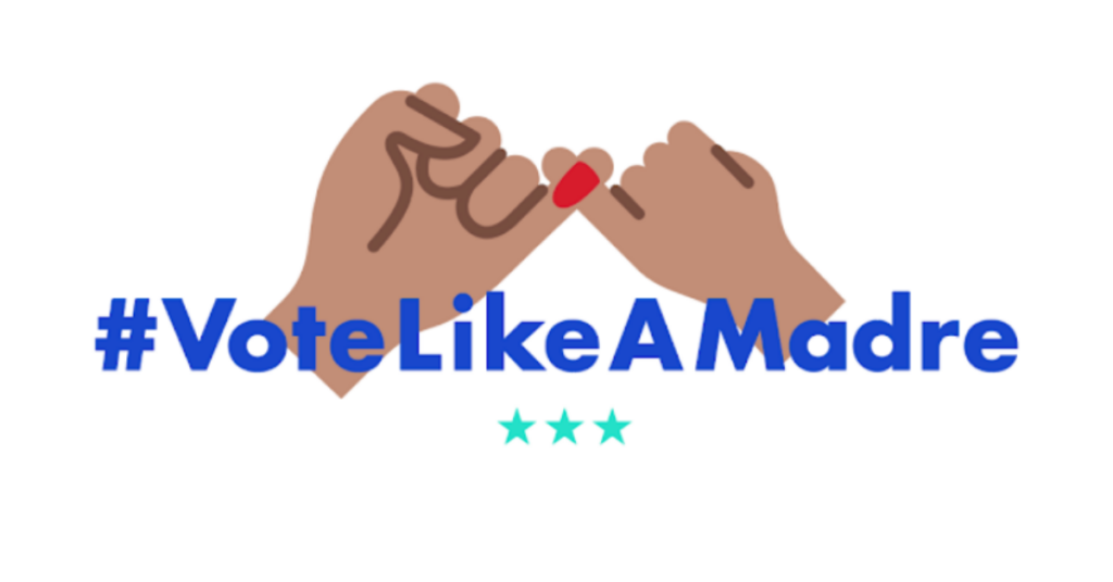 Two hands making a pinky promise on a white background with text overlayed that says "#VoteLikeAMadre"