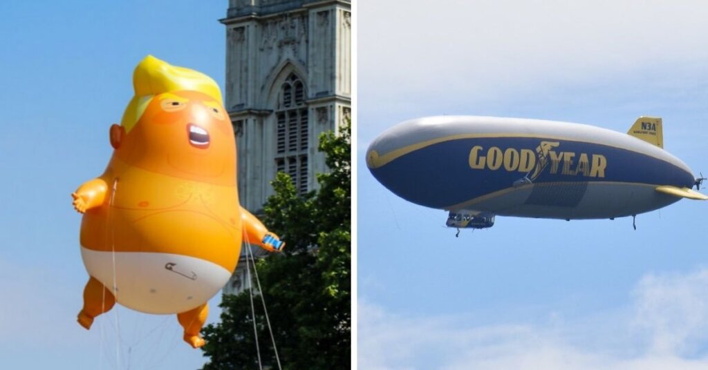 Side by side photos of the Trump Baby blimp and Goodyear blimp.