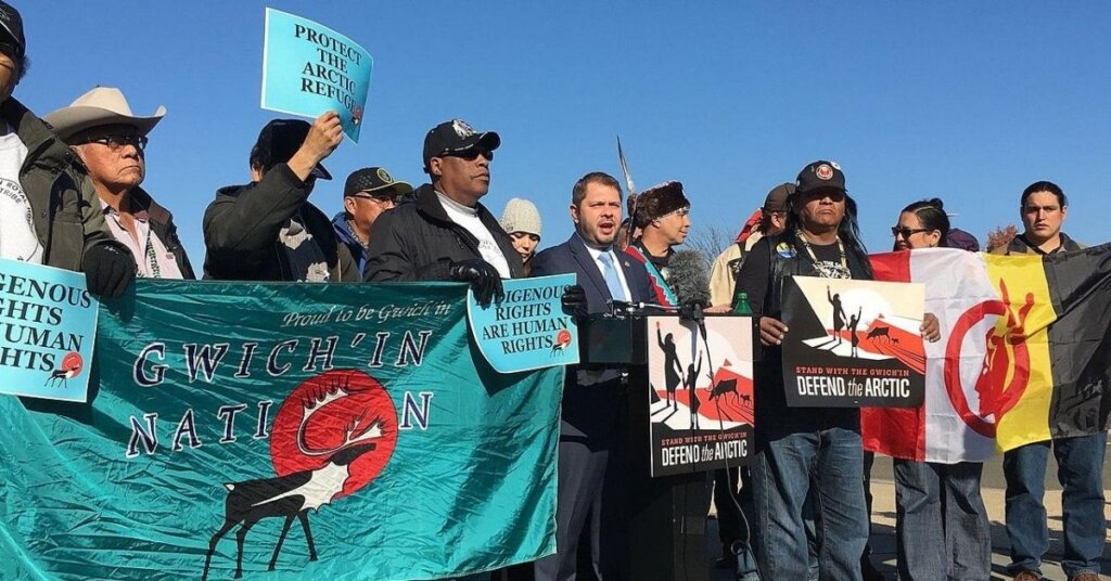 Ruben Gallego with Gwich'in people during a protest on Capitol Hill