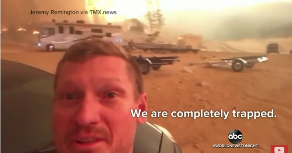 Jeremy Remington and his family were camping when they became trapped by surrounding flames. They were eventually rescued.