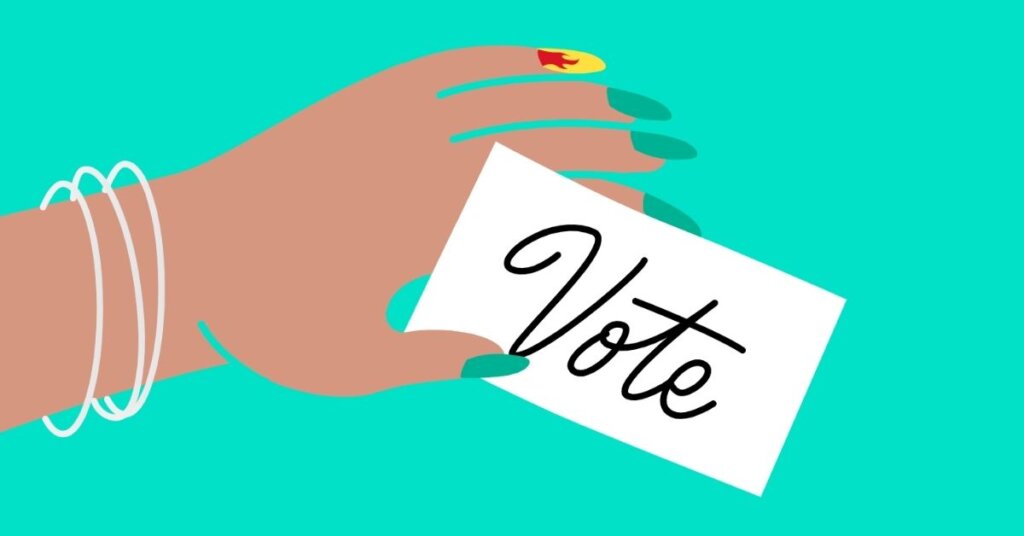 cartoon depiction of a hand holding a card that says vote