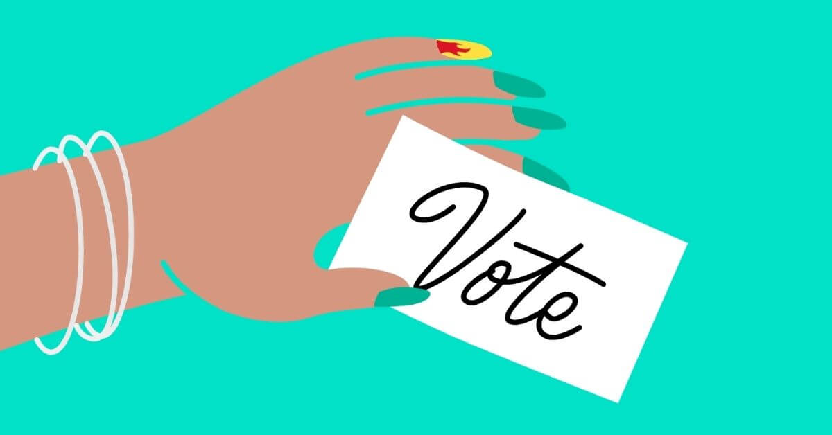 cartoon depiction of a hand holding a card that says vote
