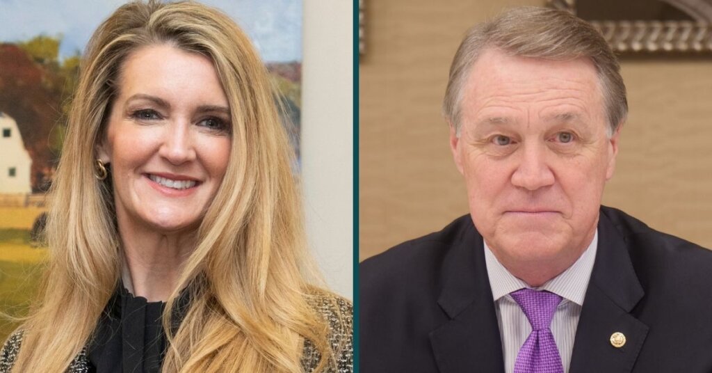 Side by side photos of Kelly Loeffler and David Perdue