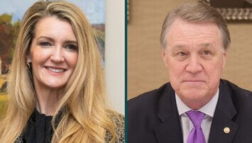Side by side photos of Kelly Loeffler and David Perdue