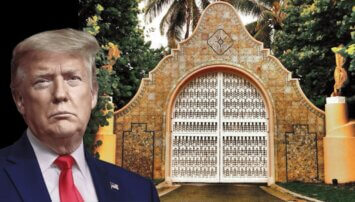 Photo of Mar-a-Lago gates with a sad looking Trump