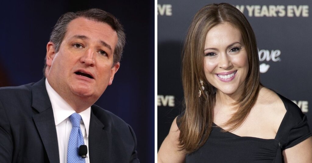 Side by side photos of Ted Cruz and Alyssa Milano