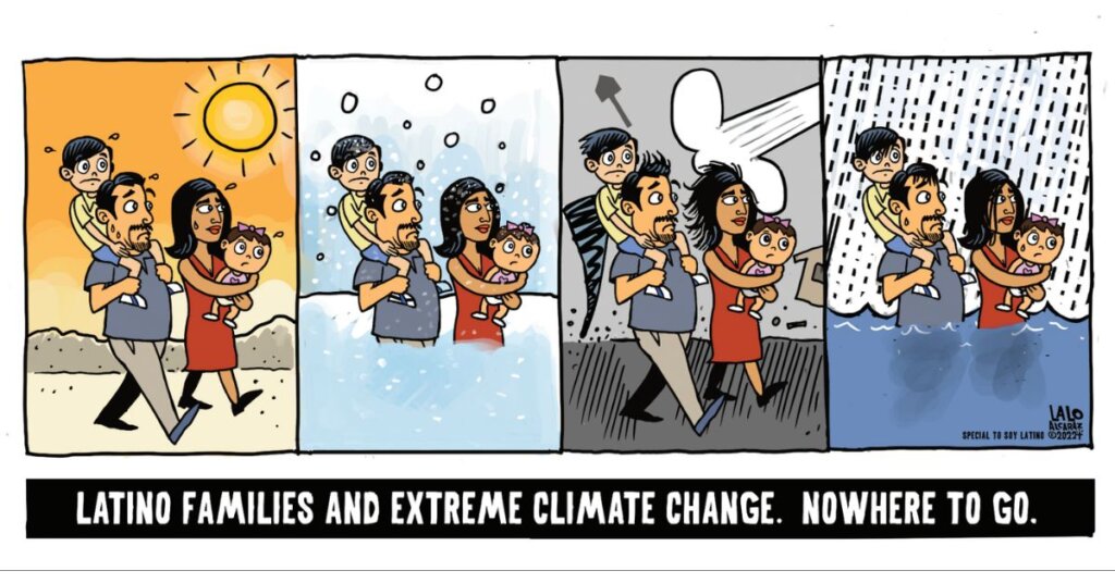 Cartoon depicting a Latinx family traveling through extreme weather conditions