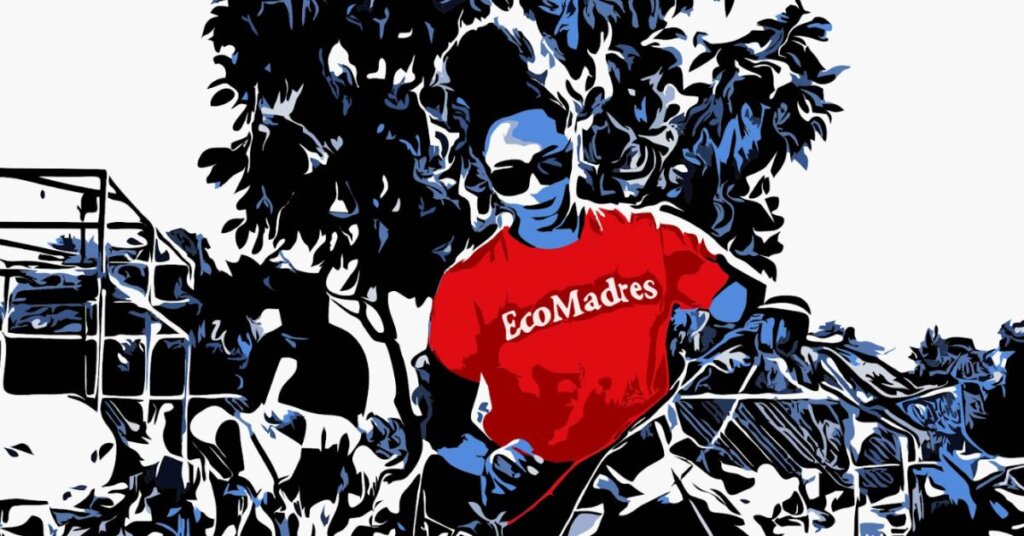 Stylized photo of Yaritza Perez in a red EcoMadres t-shirt tending a garden